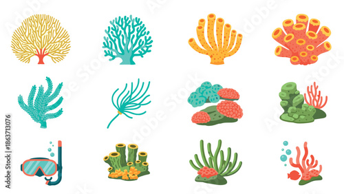 Colorful marine corals and underwater elements set for aquatic designs