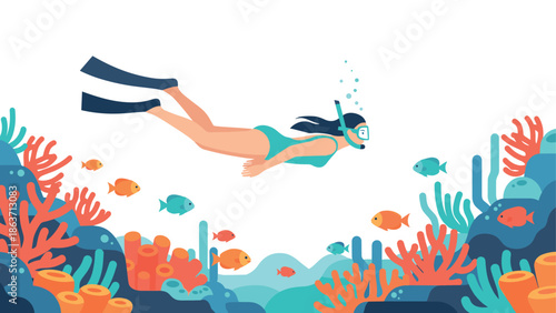 Diver exploring vibrant coral reef with fish in colorful flat style