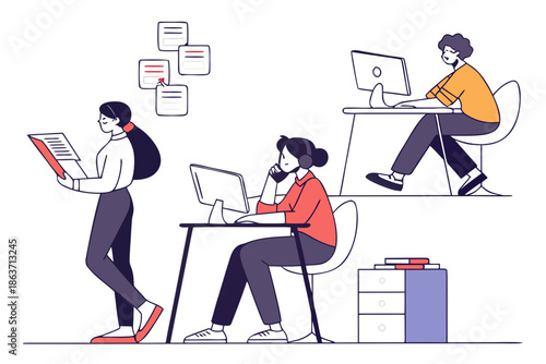 A minimalist vector illustration of three people working at desks in an office