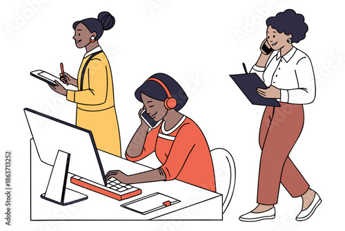 Three women working together in an office setting with computers and paperwork