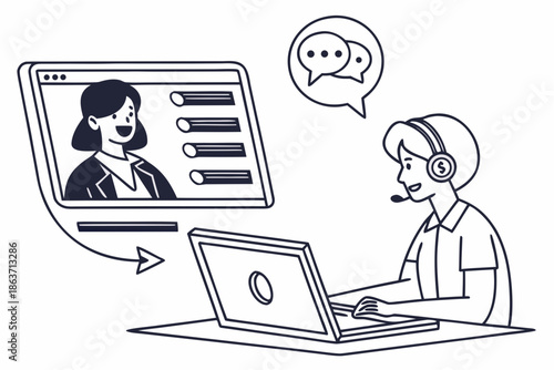 A customer support representative wearing a headset and using a laptop with a chat interface on the screen
