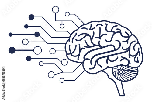A vector graphic illustration of a brain with circuit board connections