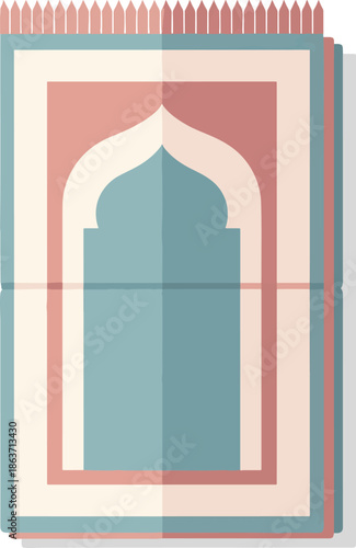 A flat lay illustration of a traditional Islamic prayer mat with an arch design and fringes in teal, pink, and cream colors.