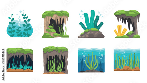 Aquatic nature elements: underwater cave and plant life in cartoon style