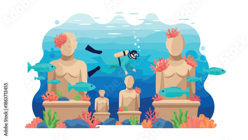 Underwater exploration: diver among ancient statues and coral reefs
