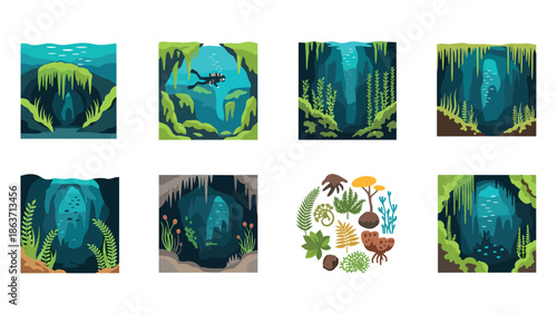 Explore vibrant underwater caves and marine life scenes