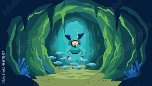 Underwater adventure: diver exploring ocean cave with fish