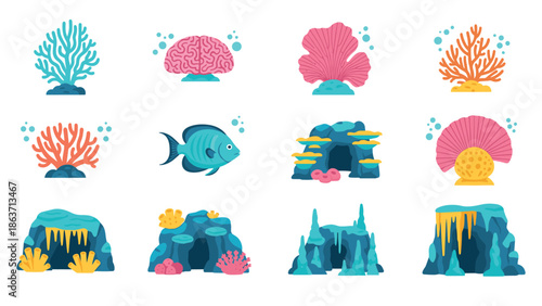 Ocean life elements set: colorful coral and fish illustrations