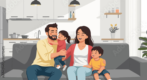 A cheerful modern family, including parents and two young children, sharing happy moments together on a comfortable sofa in their cozy living room at home, symbolizing unity and contentment