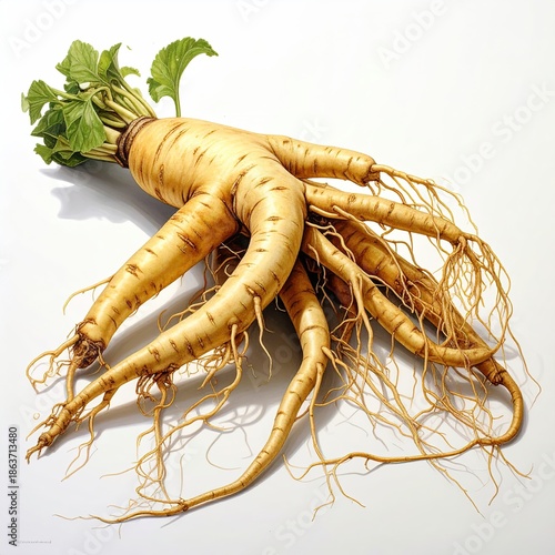 Large, cream-colored root vegetable with green leaves, lying on white
