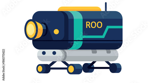 Futuristic robotic rover in flat design with bold colors and geometric elements