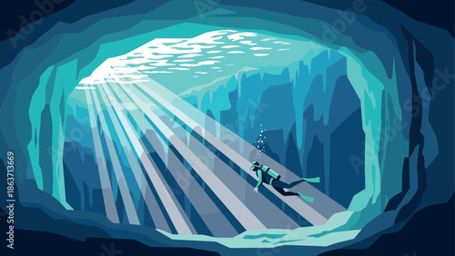 Diver exploring underwater cave with sunlight beams