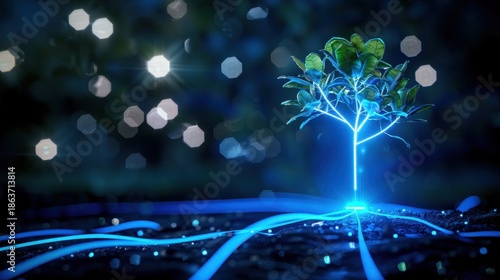 Neon Tree with Glowing Roots and Bokeh Background in a Night Scene Highlighting Nature and Technology Fusion