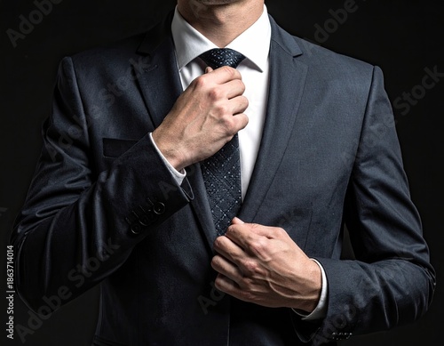 Well-dressed person adjusts their tie, formal attire against dark backdrop