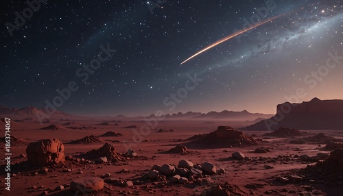 Red Planet Mars Landscape with Rocky Canyons and Mountains under Starry Night Sky with Bright Falling Meteor or Comet Streak Cinematic Space Exploration Concept Digital Art Illustration View.