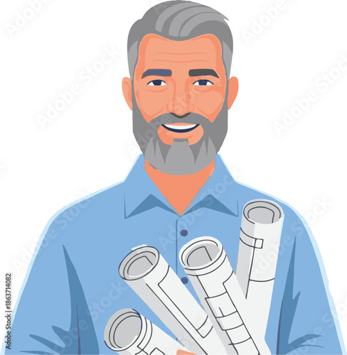 Smiling mature professional architect or engineer with gray hair and beard, proudly holding several rolled-up blueprints, symbolizing expertise in construction, design, and project management