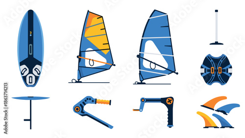 Colorful windsurfing equipment set: boards, sails and tools in flat design