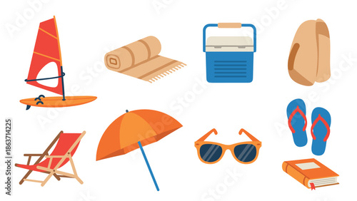 Colorful summer beach essentials set featuring nautical and relaxation items
