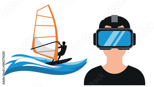 Windsurfing adventure and virtual reality experience in flat design