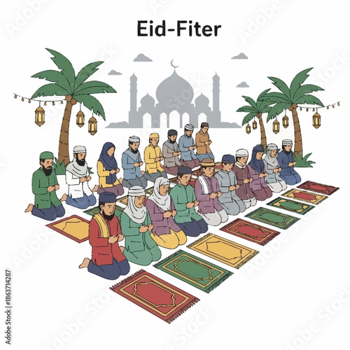 Muslims Praying Together on Prayer Mats for Eid Al-Fitr Celebration.