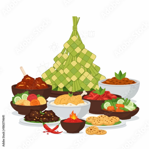 Traditional Indonesian Food Spread with Ketupat.