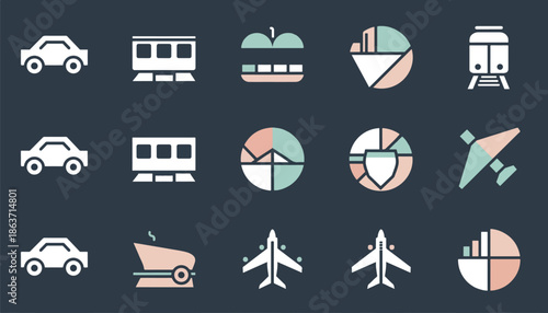 Transportation Icons Set with Car, Train, Plane, and Ship - Minimal Vector Illustration