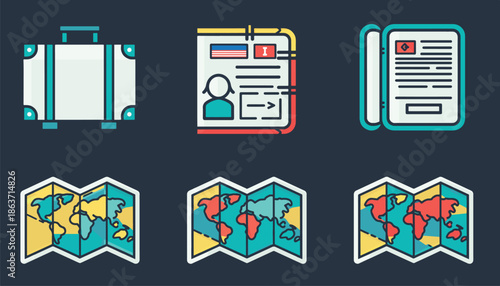 Travel Icons Set with Luggage, Passport, and Map - Flat Colorful Style