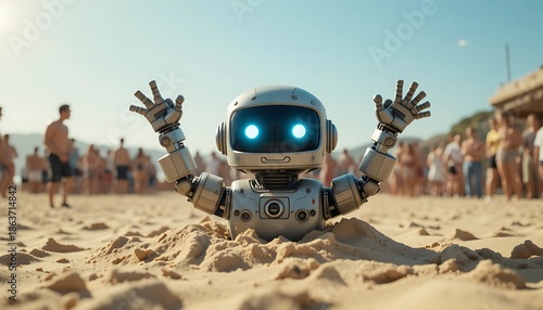 Cute Small Robot Buried in Sand at Sunny Crowded Beach Playfully Waving Hands with Glowing Blue Eyes Futuristic Android Character Enjoying Summer Vacation with People in Background Cinematic 3D Render
