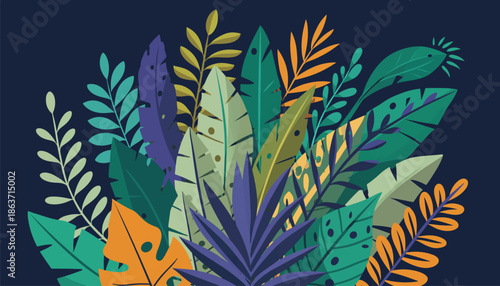 Tropical Leaves and Plants Illustration Set - Vibrant Color Palette Vector