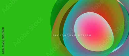 Bright abstract design features layered circles, vibrant colors. Green dominates left side, pink center draws attention. Modern aesthetic.