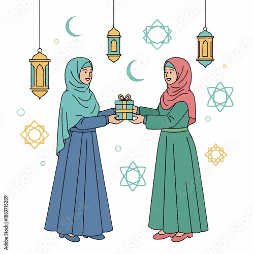 Two Muslim women exchanging a gift box.