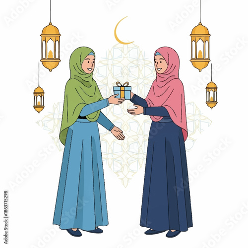 Two Muslim women exchanging a gift during a celebration.