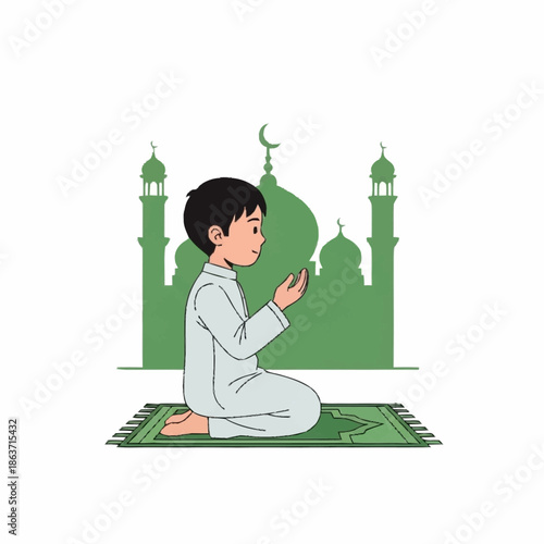 Young Boy Praying on Prayer Mat.