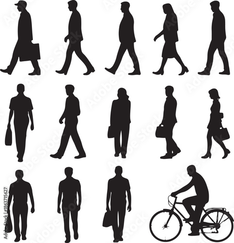 silhouettes of people walking and riding bicycle alone various positions
