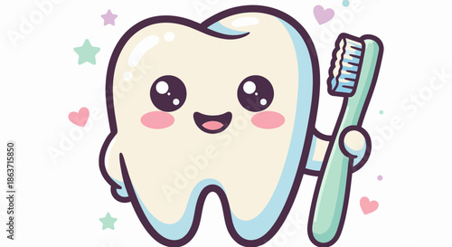 Cute cartoon tooth character holding toothbrush vector illustration