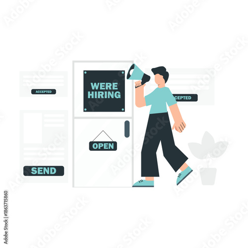 A colorful illustration of a man holding a megaphone in front of an open door with a 'We are hiring' sign, symbolizing job opportunities and recruitment. The image is a creative representation of busi