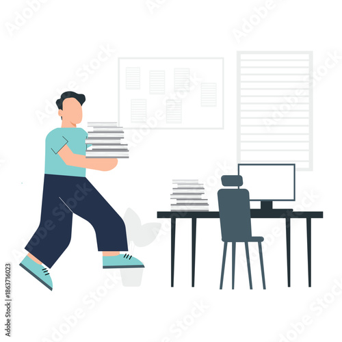 A cartoon illustration of a man carrying a stack of books in a modern office setting, conveying a sense of productivity and busyness. The image depicts a workspace with a desk, chair, and computer, hi