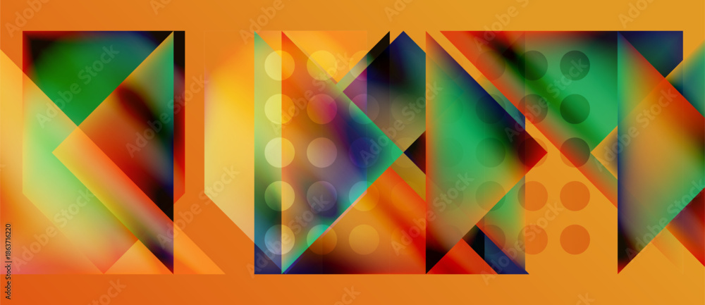 Fototapeta premium Abstract geometric composition. Vivid colors blend, creating dynamic triangular patterns. Orange background emphasizes shapes, offering modern aesthetic.