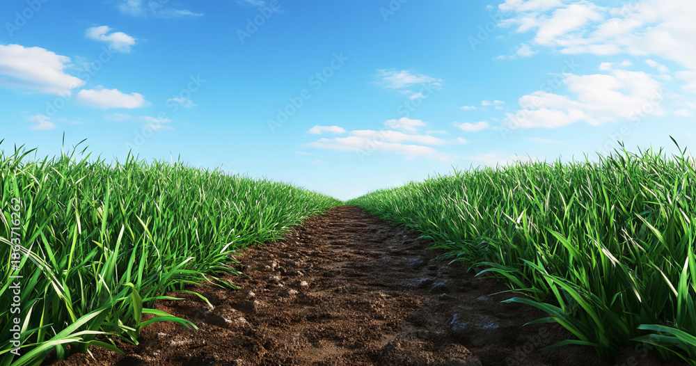 Obraz premium Low angle view of a narrow dirt path winding between two vast green grass fields under a clear blue sky, creating a sense of perspective and openness in a peaceful rural landscape scene.