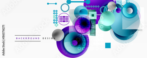 Abstract geometric shapes, vibrant colors, modern design elements. Composition features circles, squares, lines, gradients. Background suggests technology, innovation.