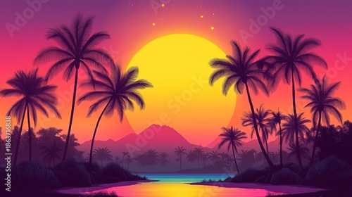 Tropical Sunset Landscape with Palm Trees and Mountain in Background