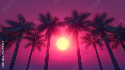 Tropical Sunset Landscape with Palm Trees and Mountain in Background