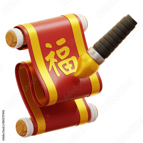 3D Chinese New Year Scroll with Fu Character and Brush