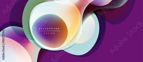Abstract fluid shapes overlap, creating vibrant purple, green, orange gradients. Modern design suggests movement, energy, depth. Background text reads background design.