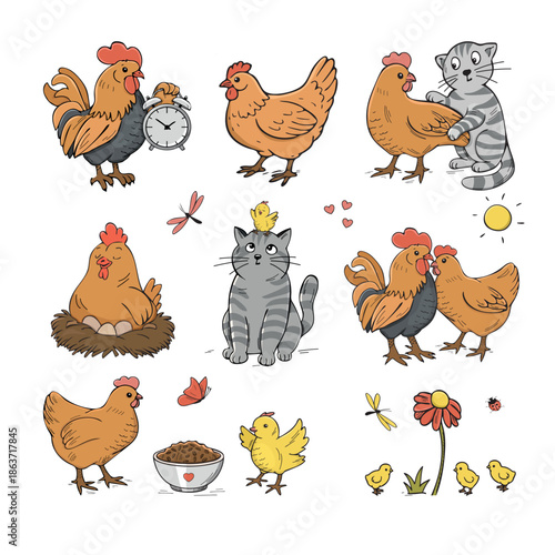 Chickens and cats vector sect drawing. A hen in a nest of eggs, cartoon collection