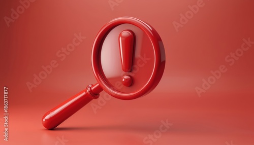 Wallpaper Mural Red magnifying glass with exclamation mark inside. Symbolizes urgent alerts, warnings, or important information. Used for attention grabbing visuals in concepts like search investigation and caution. Torontodigital.ca