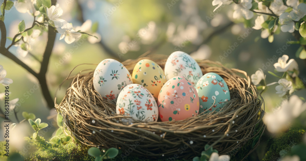 Obraz premium Collection of colorful Easter eggs decorated with floral patterns and playful dots nestled in a natural bird nest within a wicker basket, set against a vibrant and blooming spring garden.