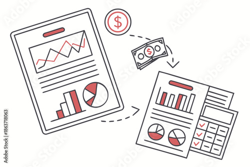 A vector graphic illustration of financial documents and money transfer