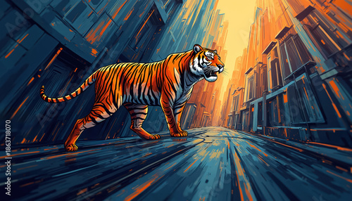 Tiger walks on urban street between tall buildings. Stylized graphic with sharp angles and lines forms cityscape. Orange and blue colors dominate this abstract animal art.