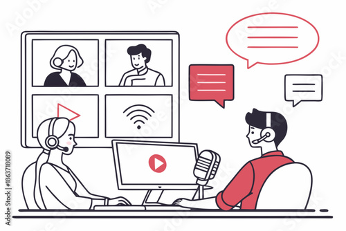 A minimalist vector illustration of two people video conferencing with others online